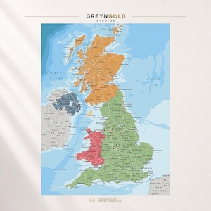 May include: A colourful map of the United Kingdom and Ireland featuring the text GREYNGOLD STUDIOS at the top. Scotland is orange, England is green, Wales is red, and Northern Ireland is dark blue, all set against a light blue ocean background.