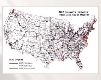 May include: A detailed map of the United States featuring black lines for interstates, gray lines for highways, and red lines for state borders. The text reads USA Freeways Highways Interstates Roads Map HD, Map Legend, and GREYNGOLD STUDIOS.