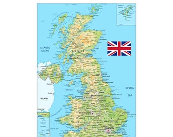 May include: A detailed map of the United Kingdom, featuring geographical details, cities, and the Union Jack flag. The map is set against a light blue background, with the text "GREYNGOLD STUDIOS" at the top.