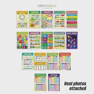 Può includere: Una collezione di poster educativi con vari temi, tra cui tempo, stagioni, colori, giorni della settimana, alfabeto, numeri, animali della fattoria e sistema solare. I poster sono colorati e presentano illustrazioni e testo.