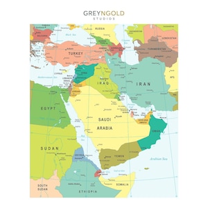 Può includere: Una mappa colorata del Medio Oriente, con paesi come Turchia, Iran e Arabia Saudita, ognuno con un colore diverso. Il testo "GREYNGOLD STUDIOS" è visibile in alto. Include il Mar Arabico.