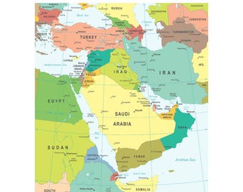 Middle East Map Detailed High Quality Print Poster Wall Art pick size A4/A3/A2/90x60cm