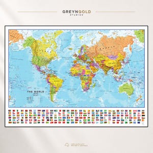May include: A political world map poster featuring colorful continents and oceans with the text THE WORLD printed on the left side. Below the map, a grid displays numerous national flags. The top center displays GREYNGOLD STUDIOS text.
