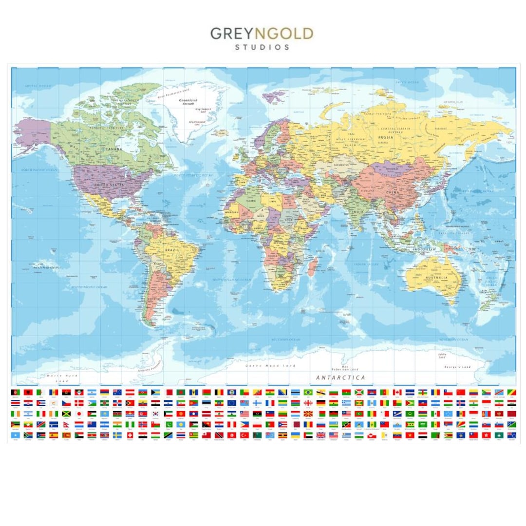 World Map With Country Flags High Detailed High Quality Print Poster ...