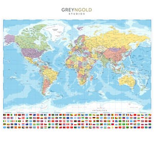 May include: A detailed world map with country outlines and names, set against a light blue ocean. The map displays a range of colors for the landmasses and includes a series of flags at the bottom. The text "GREYNGOLD STUDIOS" is at the top.