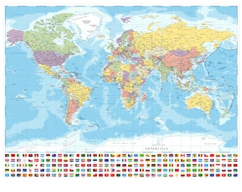 以下が含まれることがあります： 国境と国の名前が記載されたカラフルな世界地図。薄い青色の海と様々な色の陸地が特徴です。地図の下部には国旗のコレクションがあり、上部には「GREYNGOLD STUDIOS」の文字があります。