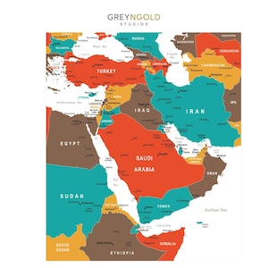 Puede incluir: Un mapa colorido de Oriente Medio y las regiones circundantes, con países delineados en varios colores. El mapa incluye el texto "GREYNGOLD STUDIOS" en la parte superior. Países como Arabia Saudita, Irán y Turquía están claramente etiquetados.