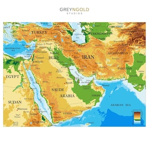 Op de afbeelding: Een gedetailleerde kaart van het Midden-Oosten en de omliggende regio's, met landen als Turkije, Iran en Saoedi-Arabië. De kaart bevat geografische kenmerken, steden en wateren, met een kleurgecodeerde hoogteschaal. Het "GREYNGOLD STUDIOS" logo staat bovenaan.