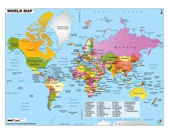 May include: A colorful world map with country names and borders, including the text "WORLD MAP" at the top. The map features the continents and oceans in various colors, with the Greyngold Studios logo in the upper right corner.