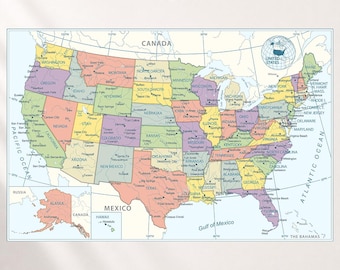 May include: A colorful wall map of the United States featuring individual states in pastel shades of pink, yellow, green, and purple. The map includes major cities, state names, and surrounding bodies of water. Text at the top reads GREYNGOLD STUDIOS.