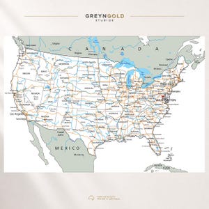 May include: A detailed map of the United States featuring state boundaries, major cities, and highway networks. The map includes the text GREYNGOLD STUDIOS at the top and PREMIUM QUALITY PRINTED IN AUSTRALIA at the bottom, with Canada and Mexico visible.