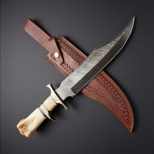 Damascus Steel Hunting Bowie Knife Handle Camel Bone With Leather Sheath