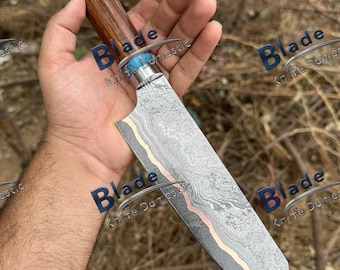 Handcrafted Damascus Steel Copper Knife,Wooden handle with Leather Sheath