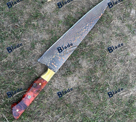 Handmade Copper San Mai Damascus Chef Knife | Custom Forged High Carbon Steel Kitchen Knife | Unique Culinary Gift for Chef