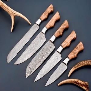 Handmade Damascus Steel Kitchen Knife Set | 5-Piece Chef Knives with Olive Wood Handles & Leather Sheath
