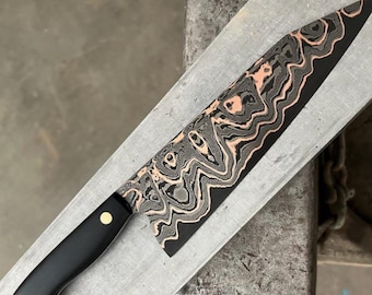 Cuchillo de chef San Mai Damascus de cobre hecho a mano / 1095 y 15N20 Cuchillo de cocina profesional Regalo para chef