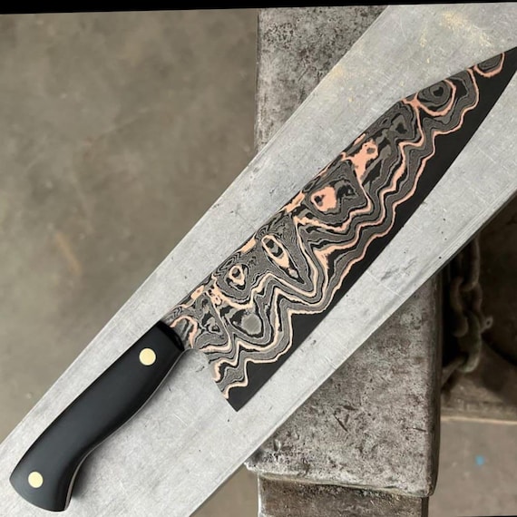 Handmade Copper San Mai Damascus Chef Knife | 1095 & 15N20 Professional Kitchen Cooking Knife Gift for Chef