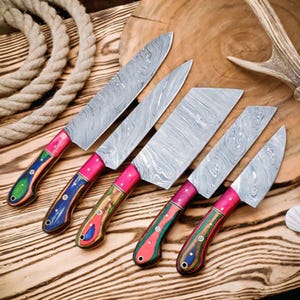 Handmade Damascus Steel Kitchen Knife Set: Pakka Wood Handle, Leather Sheath