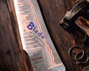 Lâmina de faca artesanal em aço damasco com revestimento de cobre | Lâmina de chef | Presente personalizado para ele