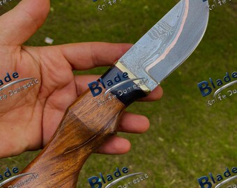Handmade Copper San Mai Damascus Knife | Full Tang Hunting Knife | Wood Handle Leather Sheath