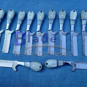 May include: A collection of ten knives with silver blades and light gray handles. The handles have a rounded shape with a decorative design. The blades have a unique shape with a textured pattern. The knives are arranged on a blue surface.