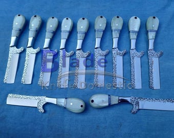 May include: A collection of ten knives with silver blades and light gray handles. The handles have a rounded shape with a decorative design. The blades have a unique shape with a textured pattern. The knives are arranged on a blue surface.