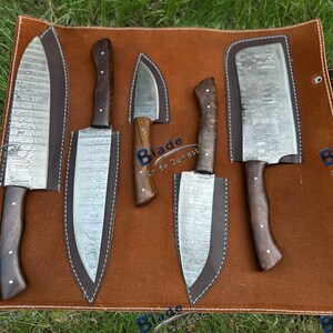 Handmade Damascus Steel 5-Piece Kitchen Knife Set with  Wooden Handles Leather Sheath – Chef Knives for Cooking  Gifting