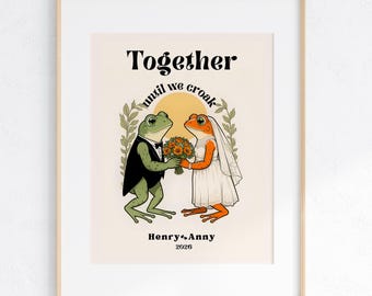Retrato personalizado de pareja de ranas, arte mural retro para amantes de las ranas: "Juntos hasta que croemos", impresión personalizada, descarga digital