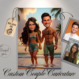 Caricature Couple at Beach, Custom Wedding Cartoon Portrait, Couple Anniversary Caricature Gift, Funny Family Cartoon Gift, Valentines Gift