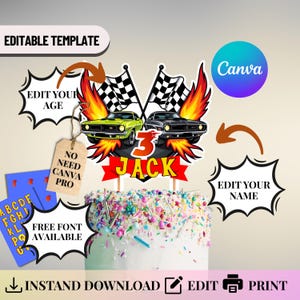 Racing Birthday Cake Topper, Editable Race Car Digital Cake Topper, Boy Racing Car Party Decor, Printable Custom Cake Topper, Canva Template