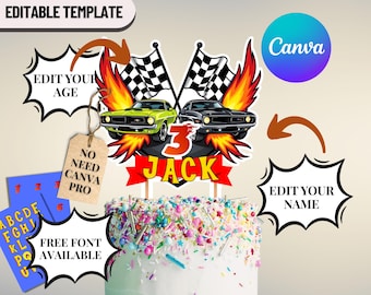 Race Car Birthday Cake Topper: Editable Canva Template (Digital Download 5x7in)