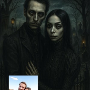 Puede incluir: Pintura gótica de un hombre y una mujer vestidos de negro, ambientada en un cementerio. La pareja tiene la piel pálida y expresiones intensas. Una pequeña foto moderna de una pareja sonriente está en la esquina inferior izquierda.
