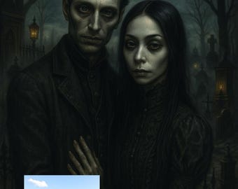 Retrato gótico personalizado: dibujo estilo Familia Addams con mascotas, pareja de brujas personalizada, descarga digital