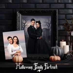 May include: A framed Halloween Family Portrait featuring a couple in Victorian attire, set against a spooky graveyard backdrop. A smaller photo shows a family embracing. Decorative pumpkins and candles complete the scene.