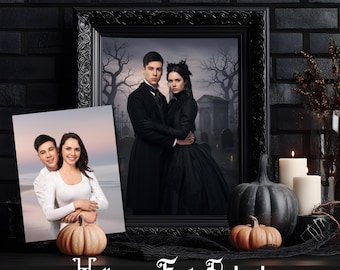 Retrato familiar gótico personalizado con mascotas: Pareja espeluznante de Halloween, dibujo estilo Addams, descarga digital