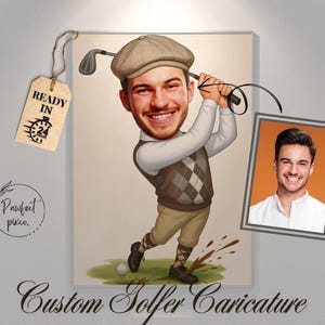 Golfer Caricature, Custom Cartoon Drawing from Photo, Player Coach Dad Buddy Gift, Digital Portrait
