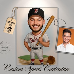 May include: A custom sports caricature of a baseball player holding a bat, wearing a baseball cap and uniform. The image includes a baseball, glove, and a framed photo. Text on the image says "Custom Sports Caricature" and "Ready in 24".