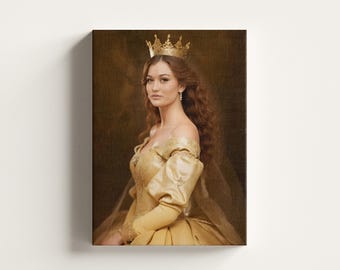 May include: A framed portrait of a woman in a gold gown and crown. The woman has long, wavy auburn hair and is wearing a gold crown and earrings. The portrait has a vintage, regal aesthetic, with a soft, warm color palette.
