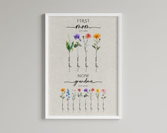 Eerste moeder nu oma-bord, gepersonaliseerde oma's tuin geboortemaand bloemenprint aangepaste kleinkinderen namen | Afdrukbare digitale download