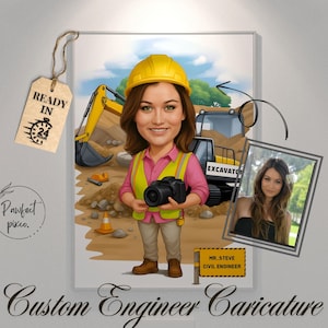 Anpassad karikatyr av civilingenjör: Porträtt av kvinna som byggarbetare, digital nedladdning, JPG- och PDF-fil