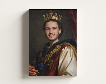May include: A portrait of a person wearing a gold crown, a blue and gold cape, and a red and white robe. The person is smiling. The artwork is displayed on a canvas.