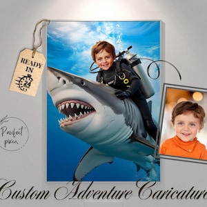 Shark Birthday Gift: Personalized Kid Riding Ocean Adventure Illustration from Photo, Kids Digital Portrait