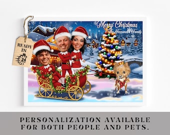 Tarjeta navideña con caricatura, tarjeta navideña familiar personalizada con carro de ciervos, familia y mascotas en el trineo de Papá Noel, divertida tarjeta navideña imprimible digital.