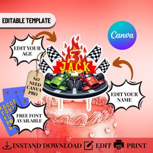 Racing Birthday Cake Topper, Editable Race Car Digital Cake Topper, Boy Racing Car Party Decor, Printable Custom Cake Topper, Canva Template