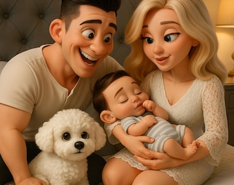 Pixar Style Portrait from Photo: Custom 3D Cartoon Couple, Family & Pet Gift, Digital Download