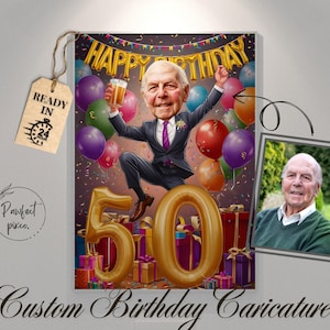 Custom 50th Birthday Decor: Personalized Cartoon Caricature Funny Art Any Age, Digital Portrait