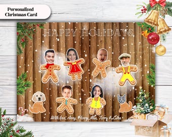 Tarjeta navideña familiar de pan de jengibre: Retrato navideño personalizado en caricatura (descarga digital)