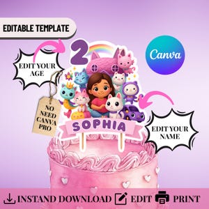 Adorno para tarta de casa de muñecas Gabby: decoración editable para fiesta de cumpleaños, plantilla Canva de 5x7, descarga digital