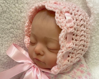 Crochet Baby Bonnet - Baby Girl Crochet Hat - Winter Bonnet - Coming Home Outfit - Pink Newborn Girl Hat -Newborn Photo Prop - Crochet Baby