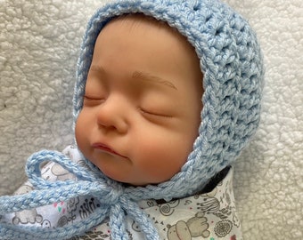 Gender Neutral Baby Bonnet - Baby Blue Boy Crochet Hat - Baby Boy Christening Baptism Bonnet - Baby Boy Hat - Unisex Baby Clothes